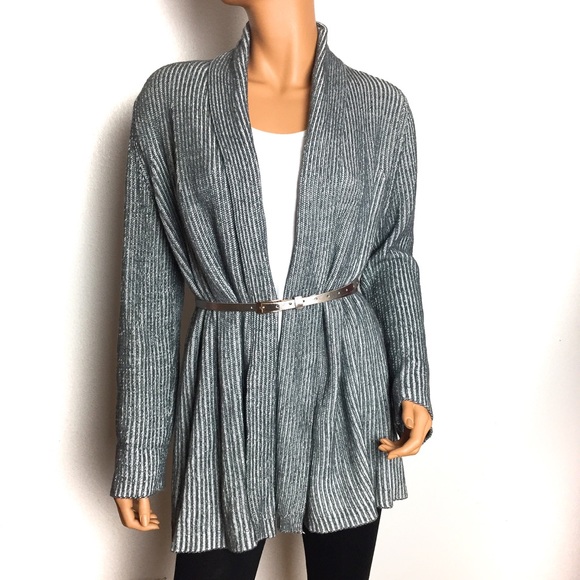 Gray & White Draped Collar Knit Open Cardigan - Picture 6 of 8